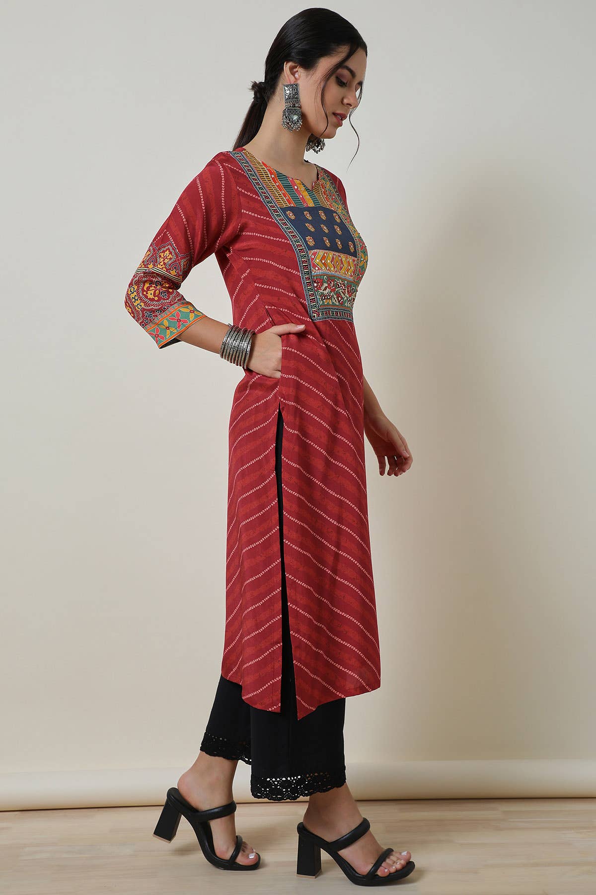 Brick Red Viscose Muslin Bandhani Print Kurta - Image 4