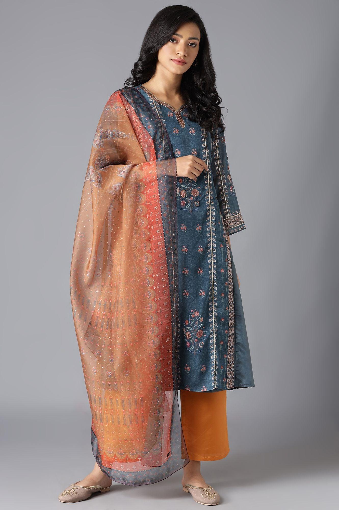 Teal Mock Layer kurta, Orange Parallel Pants And Dupatta Set - Image 5