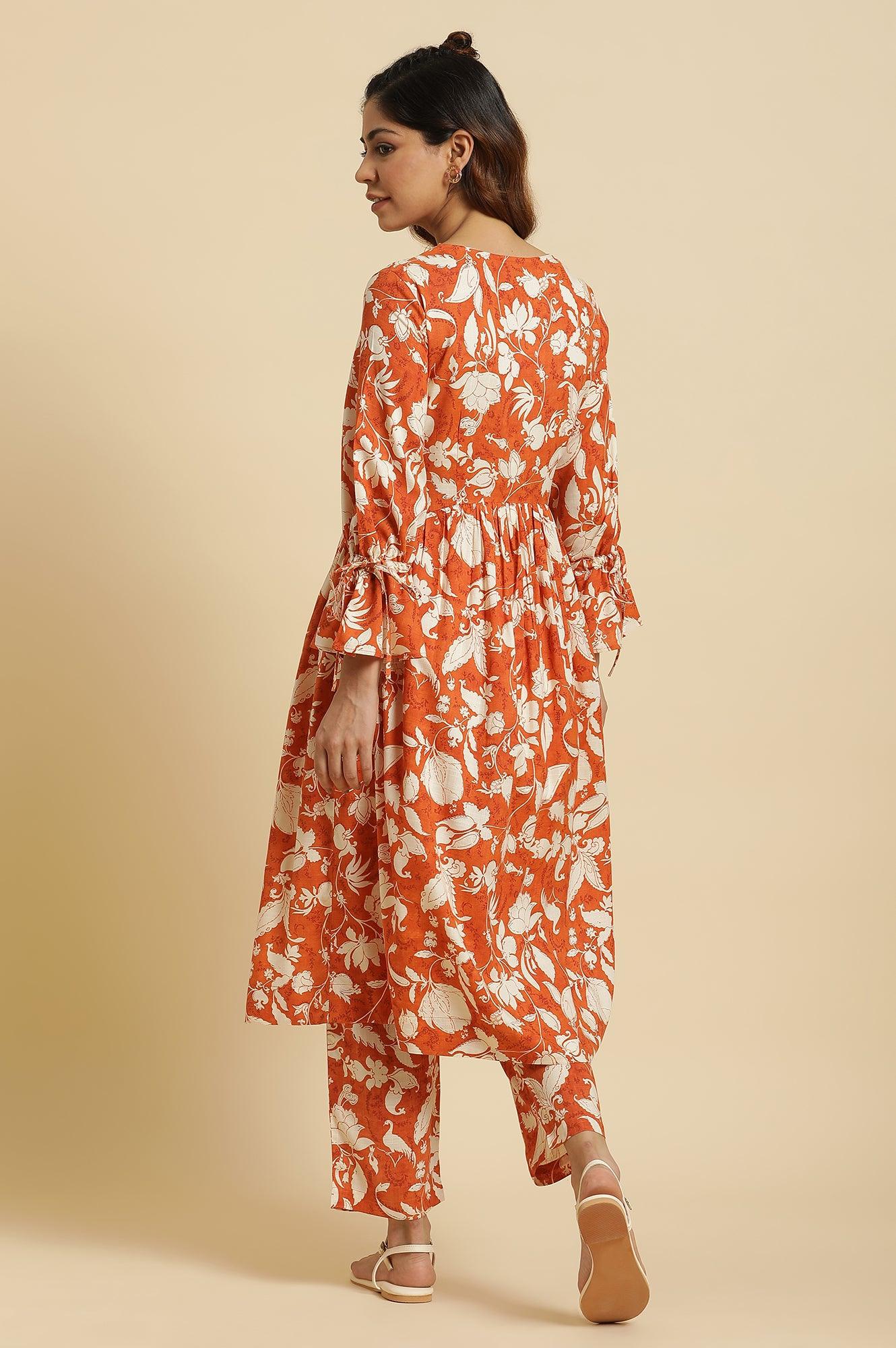 Dark Orange Floral Printed Kurta & Pants Co-Ord Set - Image 7