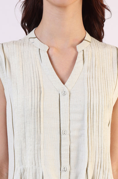 Off -White Striped Cotton Blend Flared Western Dress - Image 5