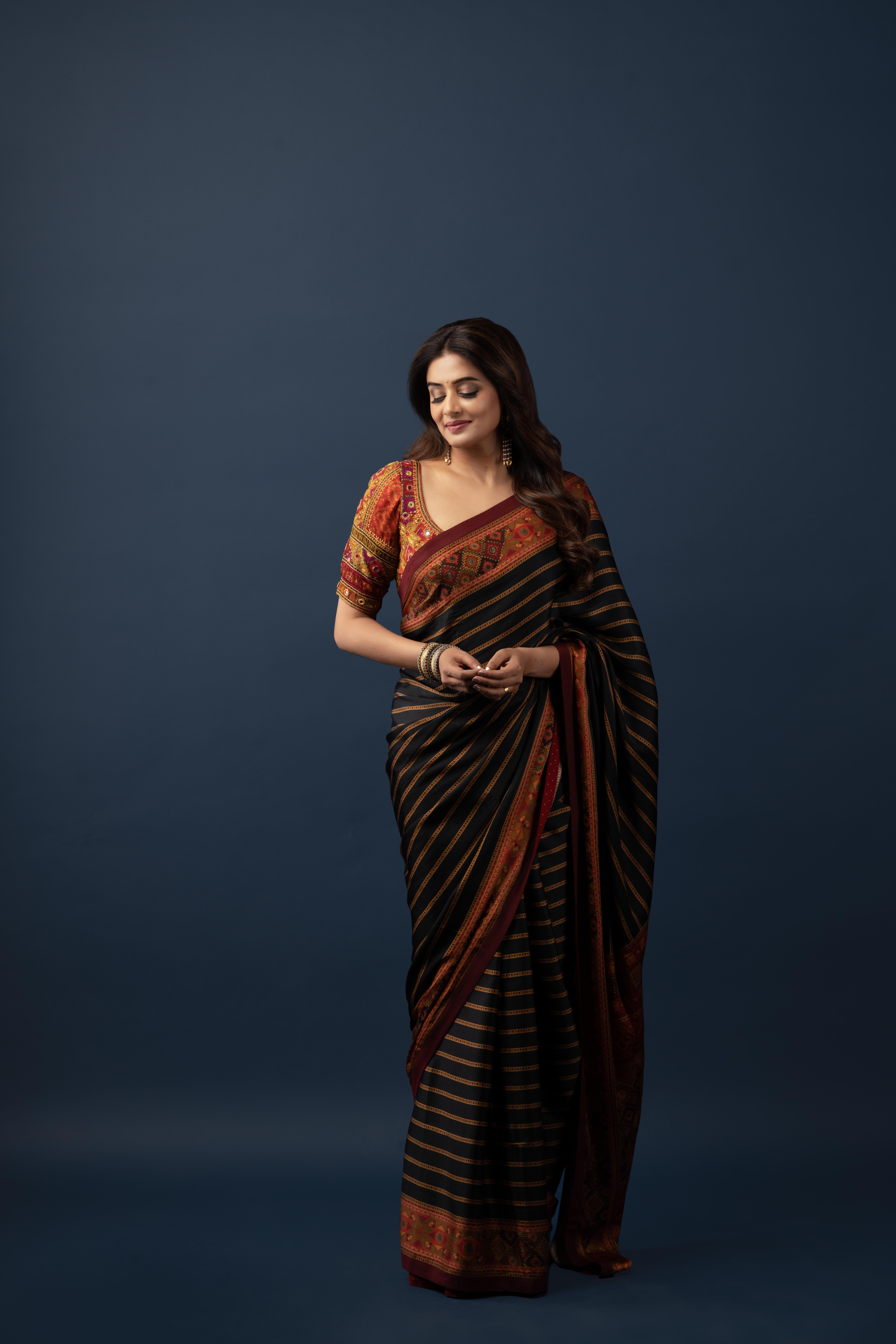 Black Multi Madhuhira Saree With Stitched Blouse