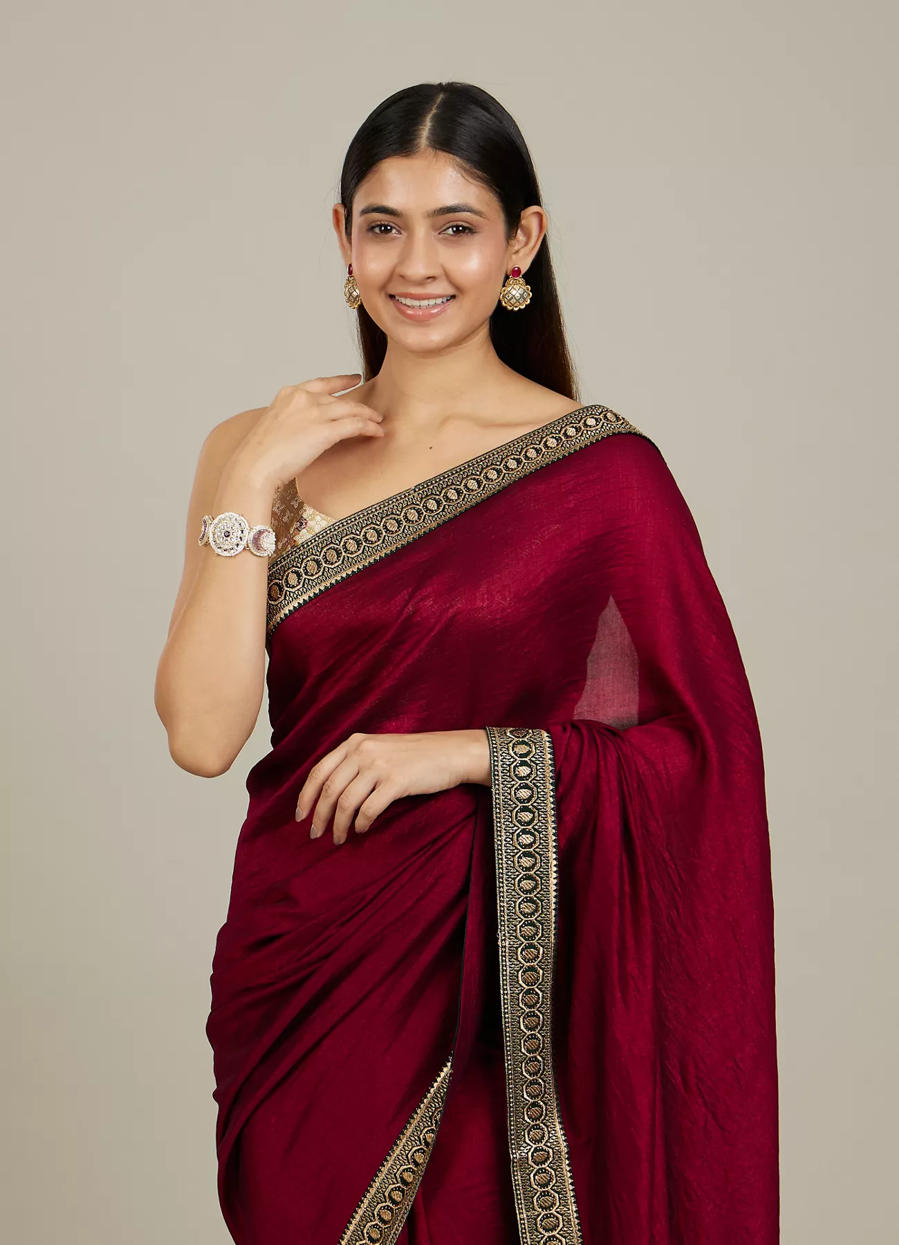 Rose Red Embroidered Border Saree - Image 5