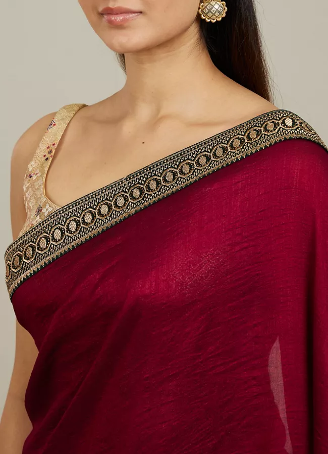 Rose Red Embroidered Border Saree - Image 7